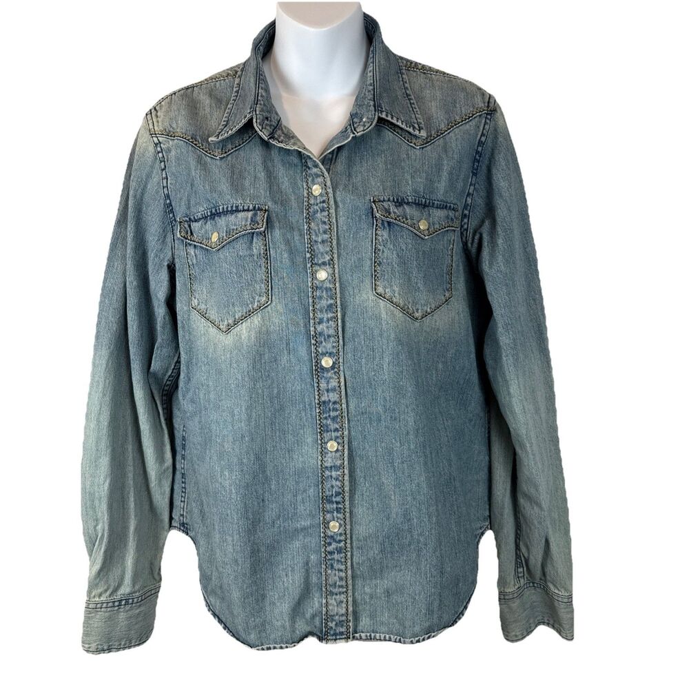 Sundance Women 14 Denim Western Shirt Pearl Buttons 100% Cotton Made in HK